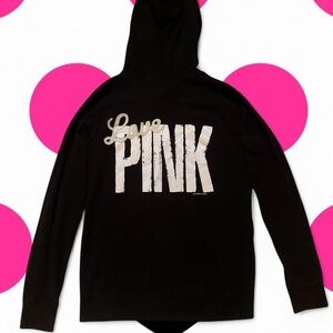 Vintage 2010 VS PINK • Black & White Zip up Hoodie LOVE PINK Logo • SIZE - L